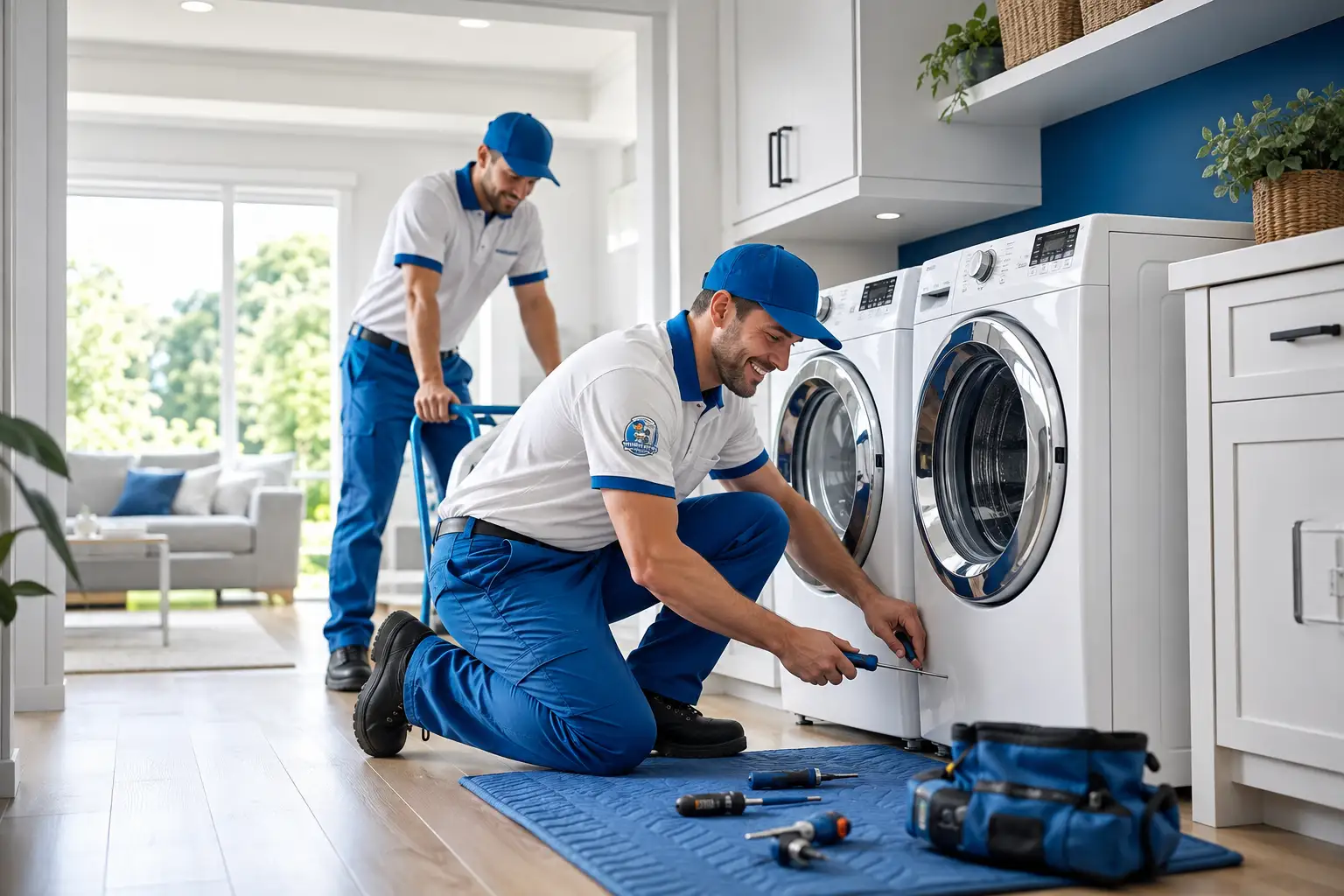Two laundry technicians install a washer and dryer in a bright modern home while a customer looks on.